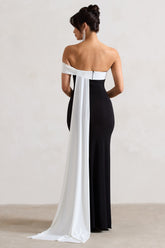 Black & White Bardot Split Maxi Dress With Drape